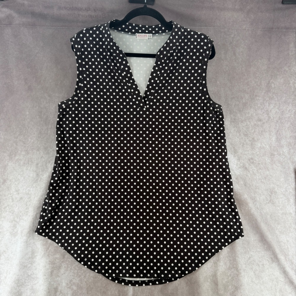 Halife Womens XL Black White Polka Dot Sleeveless Split V-Neck Blouse Top Pinup